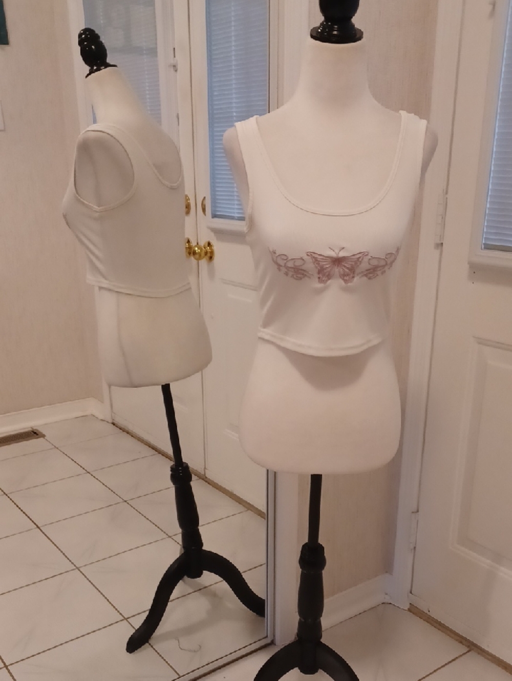 4/$40 White Ribbed Cropped Tank with Pink Butterfly Embroidery